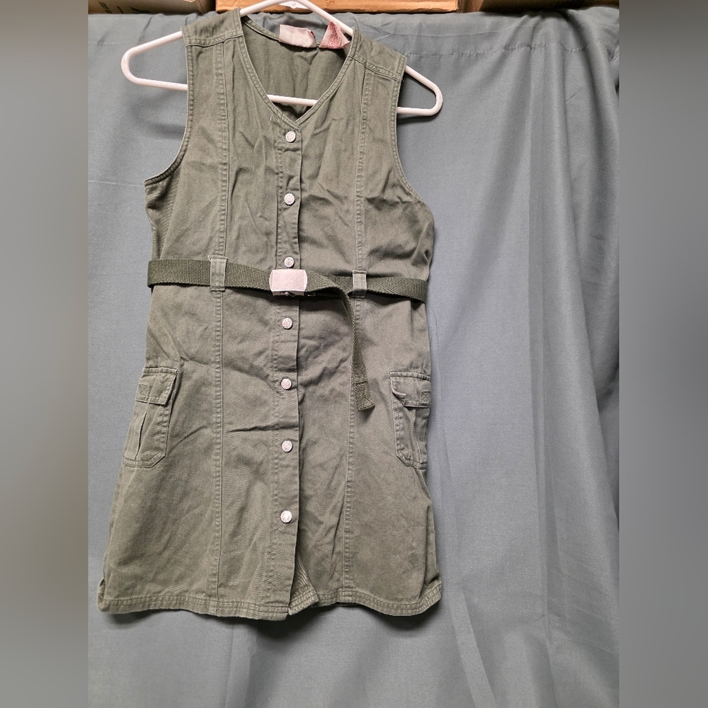 Olive Green Cotton Dress With Matching Belt Around The Waist, Size 14/16